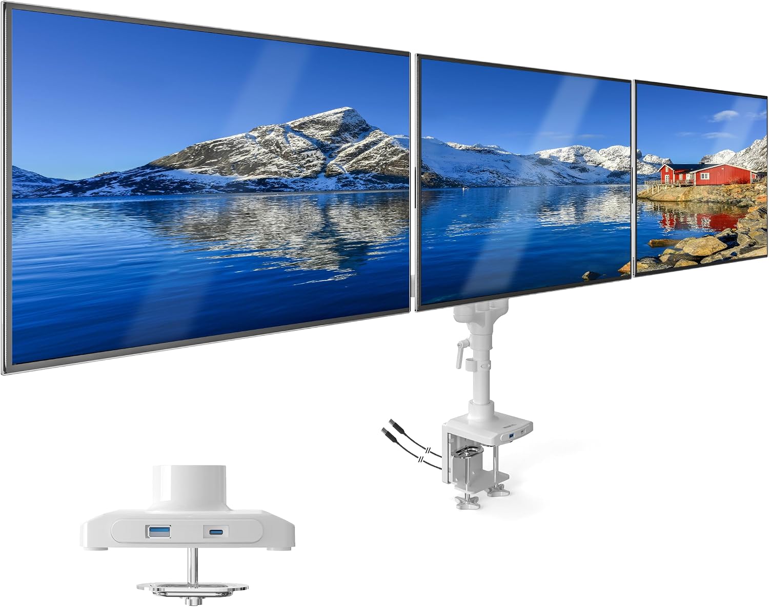 Mount-It! Triple Monitor Mount, 3 Monitor Desk Mount, Gas Spring Arms, Fits 13–27' Screens, VESA 75 & 100, Clamp or Grommet, USB-A & USB-C, White