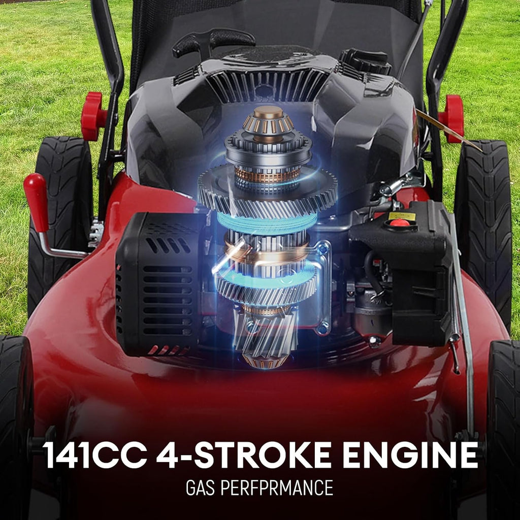 Gas Lawn Mower Self Propelled,141cc OHV Engine with Air Cooling, 20' Steel Deck, 3-in-1 Cutting System, 8-Level Height Adjustment, 20L Grass Catcher, Foldable Design Red (US Fast Arrival)