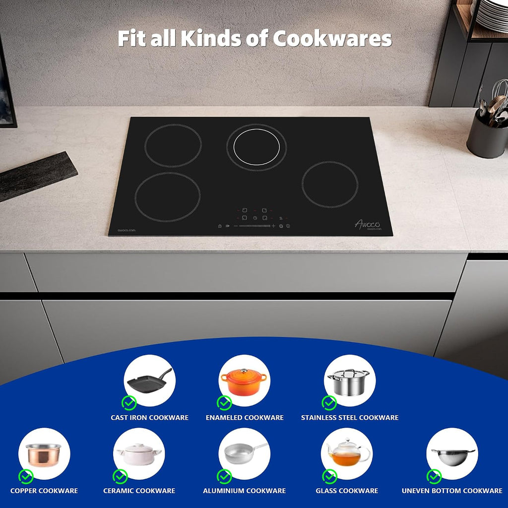 Awoco 30-Inch Ceramic Cooktop, 6600W Electric Stove with 4 Burners with hard wire, 9 Power Levels Digital Timer Child Lock, Residual Heat Indicator, Automatic Shut-Off Easy Clean Touch Panel, 220-240V