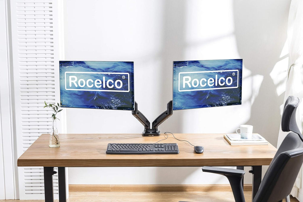 Rocelco Premium Double Monitor Desk Mount with USB 2.0 and Audio Port - Fits Dual 13' - 27' LED LCD Flat Screens - Pneumatic Full Motion Assist Adjustable Arm - Grommet and C Clamp - Black (R MA2)