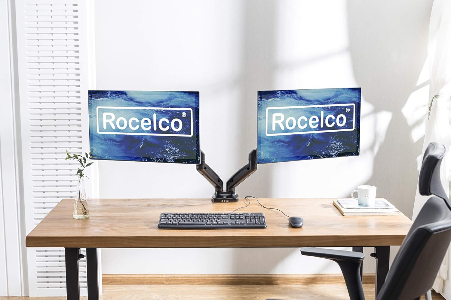 Rocelco Premium Double Monitor Desk Mount with USB 2.0 and Audio Port - Fits Dual 13' - 27' LED LCD Flat Screens - Pneumatic Full Motion Assist Adjustable Arm - Grommet and C Clamp - Black (R MA2)