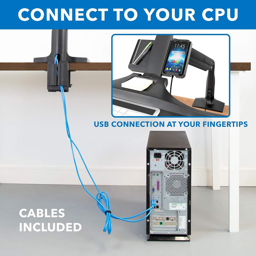 Mount-It! Dual Monitor Arm Desk Mount Sit-Stand Workstation with 2 USB 3.0 Ports, Height Adjustable 23.1–42.9', Fits Two 17–27' Screens, 13.2 lbs Each, VESA 75x75 100x100, Clamp or Grommet