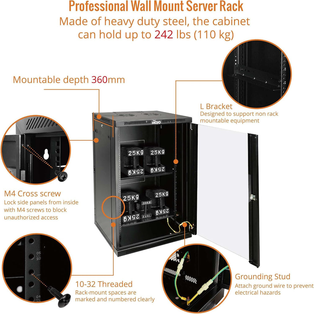 Tecmojo 18U Wall Mount Rack,18U Rack 17.7 Inch Depth,Hold Up to 176 Lbs,Enclosed Wall Mount Rack Kit for 19 Inch Network,Server and AV Gear,Glass Door(Elite Collection)