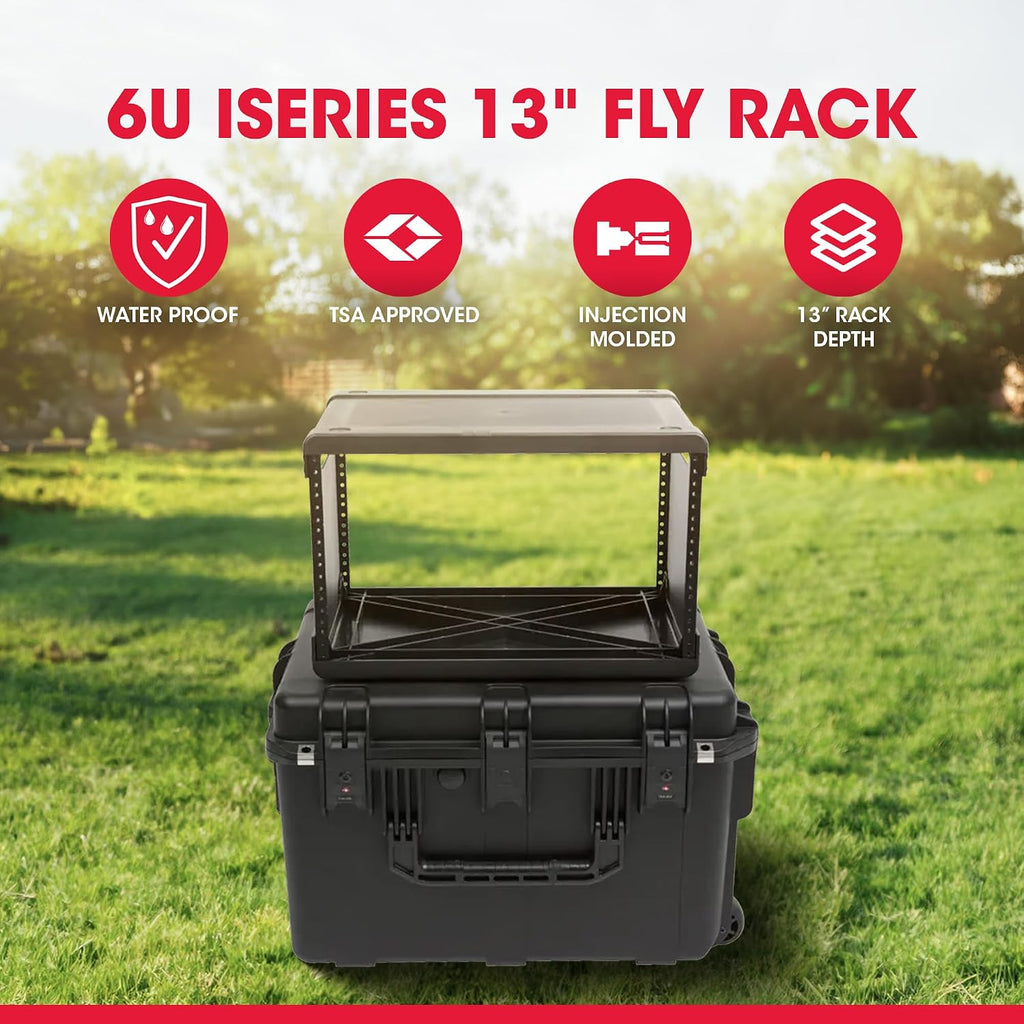 SKB 6U iSeries 13' Injection Molded Fly Rack with Built-In Wheels, Push Button Release Pull Handle and Removable Rack Frames, Black