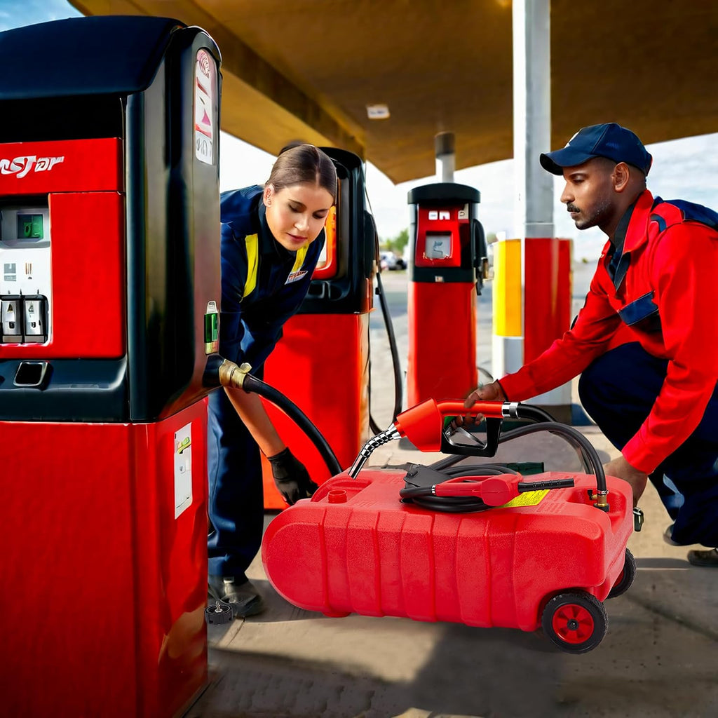 15 Gallon Portable Gas Tank with Caster,LE Fluid Transfer Siphon Pump,Fuel Caddy With 10Ft Hose. Delivery Hose Diesel Fuel Gas Can for Cars, Lawn Mowers, Boats Red/Gray/Yellow, Portable Diesel Can