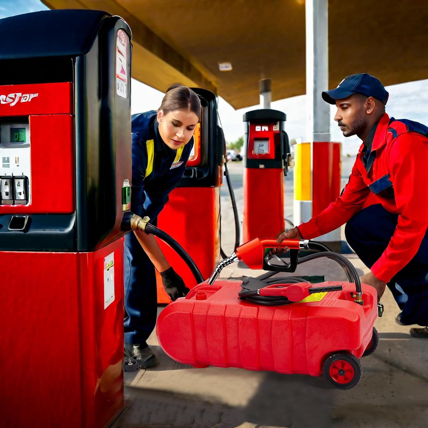 15 Gallon Portable Gas Tank with Caster,LE Fluid Transfer Siphon Pump,Fuel Caddy With 10Ft Hose. Delivery Hose Diesel Fuel Gas Can for Cars, Lawn Mowers, Boats Red/Gray/Yellow, Portable Diesel Can