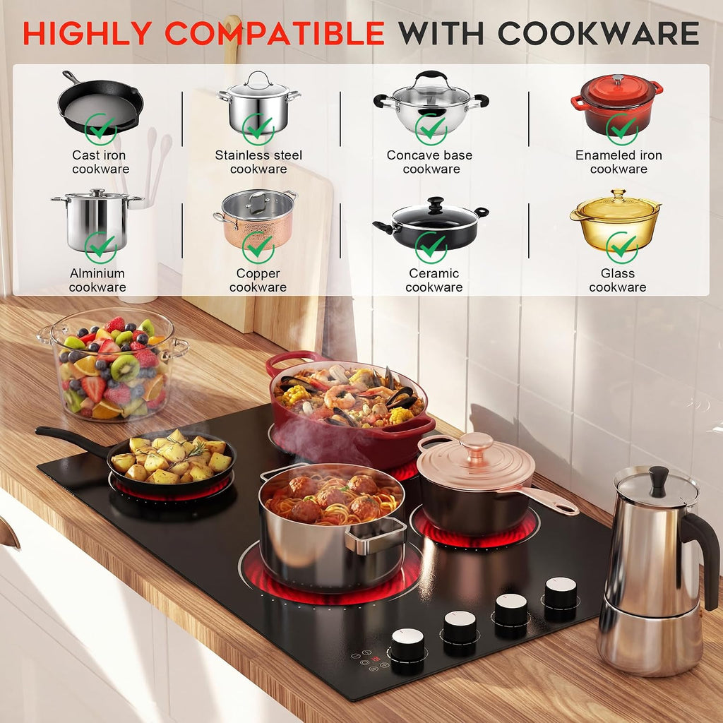 Electric Cooktop 30 Inch Hobsir, 4 Burner Electric Stove Top 6700W, Dual-Ring Burner & Oval Burner, 9 Power Level, 30 Inch Cook top with Safety Lock, Timer, White Knob