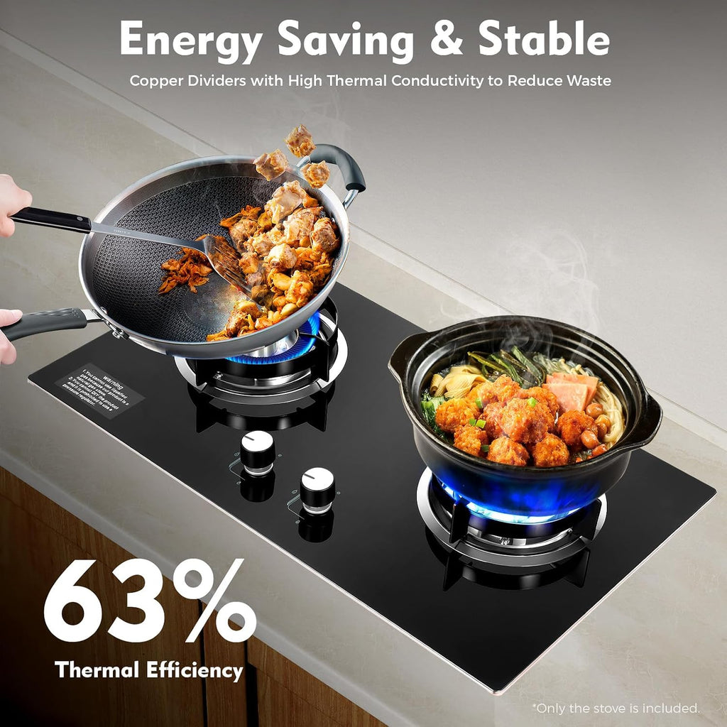 Dual Burner Gas Stove 5.2KW & 4.2KW - Professional Cooking with Flame Failure Protection & Tempered Glass Top for Home Cooks, Countertop/Embedded Installation