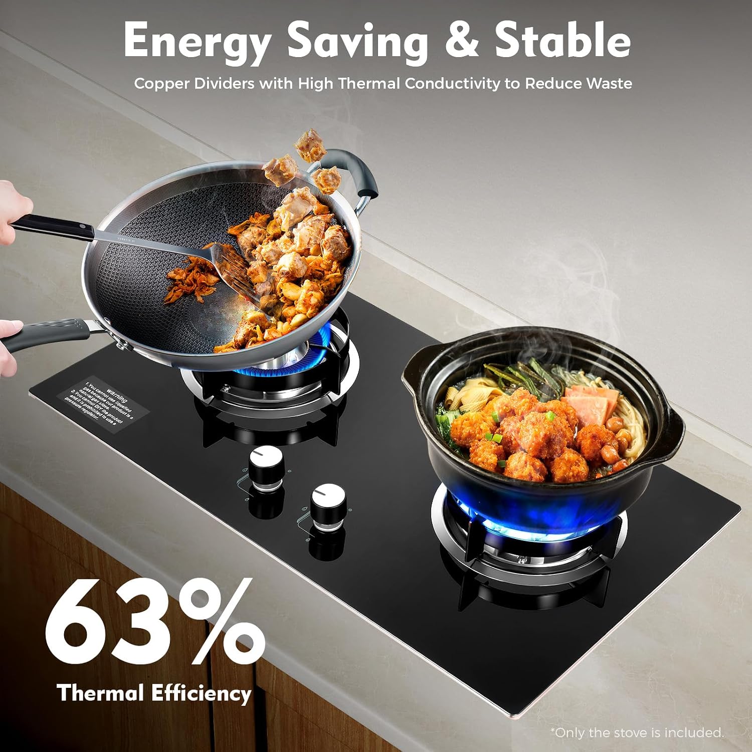 Dual Burner Gas Stove 5.2KW & 4.2KW - Professional Cooking with Flame Failure Protection & Tempered Glass Top for Home Cooks, Countertop/Embedded Installation