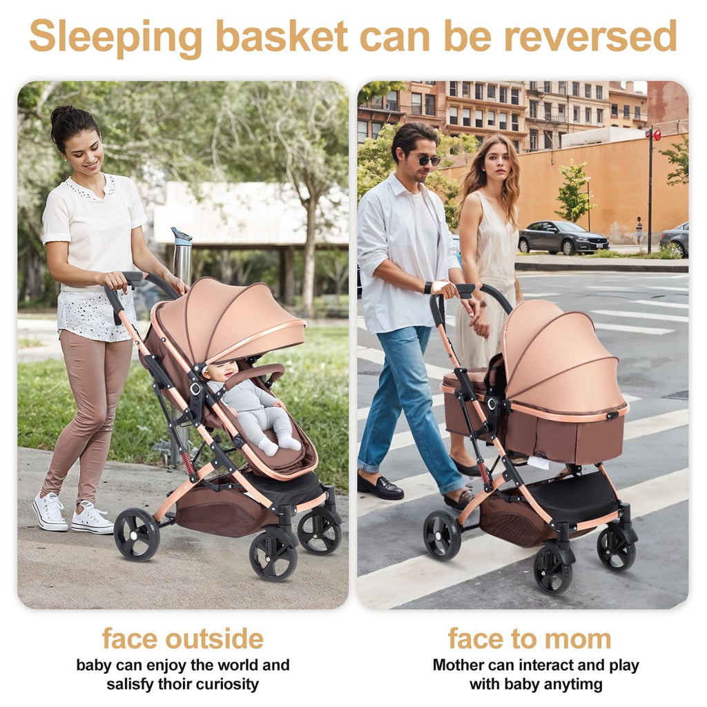 2 in 1 Baby Stroller Newborn Foldable Pushchair with Adjustable Canopy Folding High Landscape Infant Carriage, Anti-Shock Toddler Pushchair