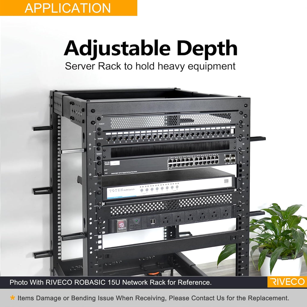 RIVECO 19' Adjustable Depth 42U Server Rack 4 Post Rack with Load-Bearing Casters Support Up to 1700LBS for Networking Equipment Black