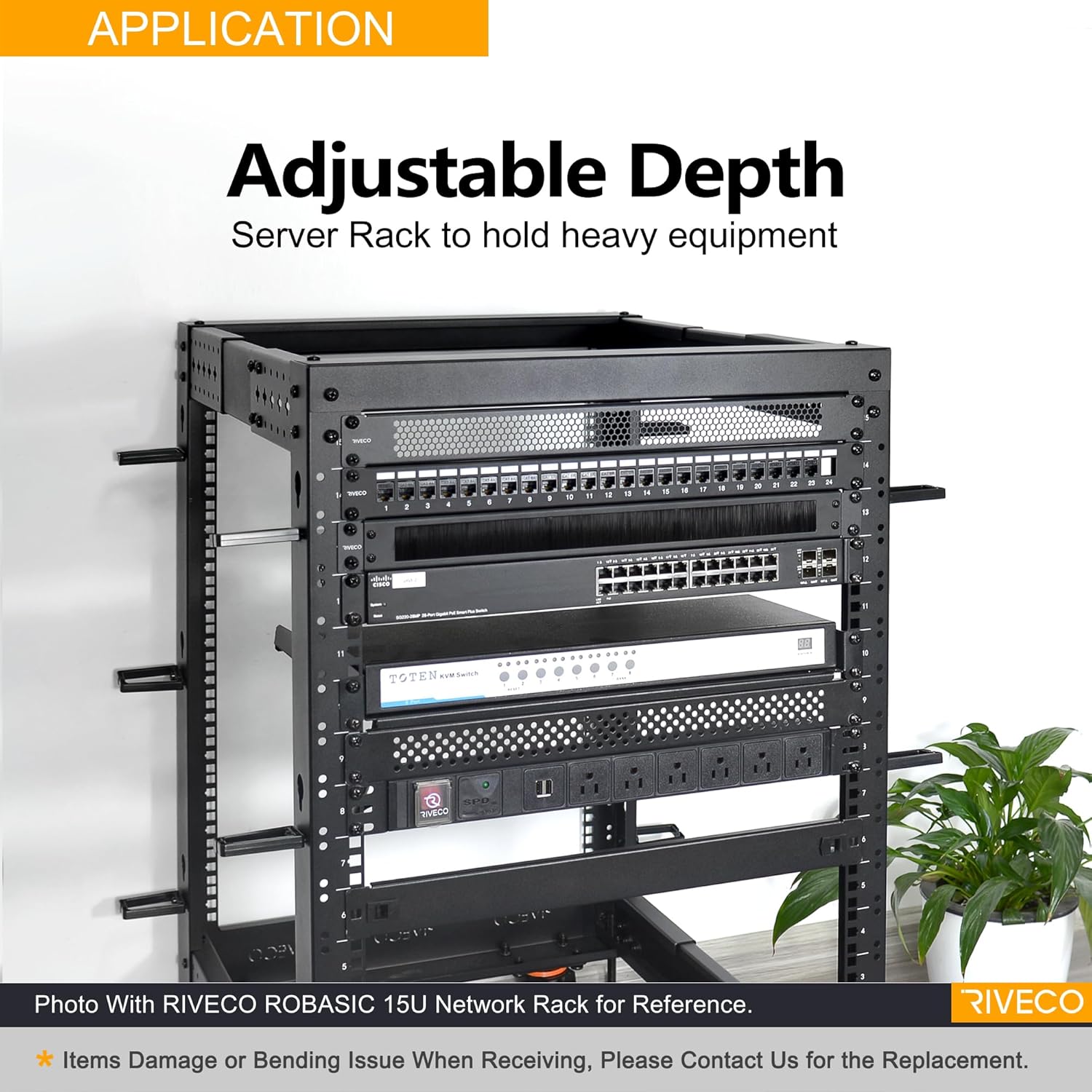 RIVECO 19' Adjustable Depth 42U Server Rack 4 Post Rack with Load-Bearing Casters Support Up to 1700LBS for Networking Equipment Black