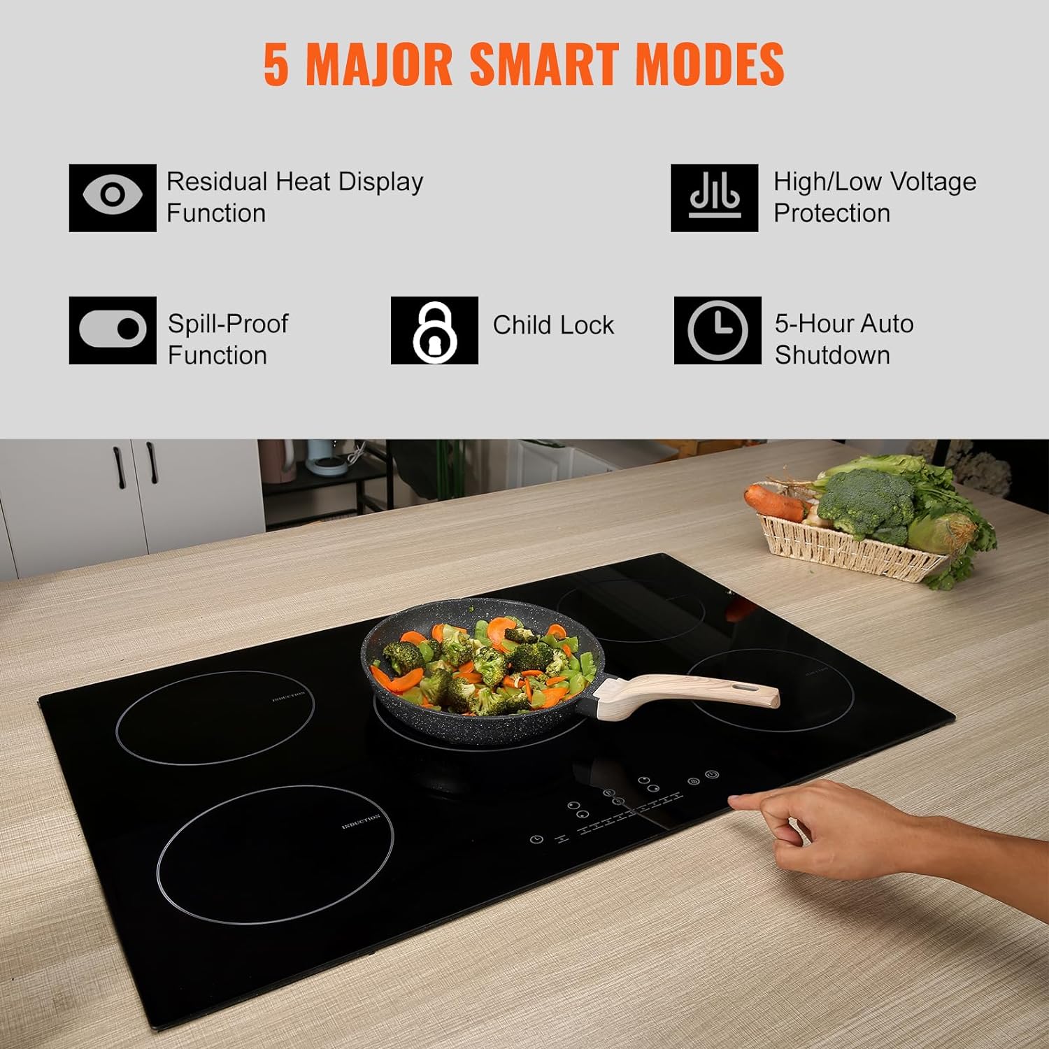 Happybuy Electric Cooktop, 5 Burners, 30'' Induction Stove Top, Built-in Magnetic Cooktop 9200W, 9 Heat Levels, LED Touch Control with Child Lock & Overheat Protection