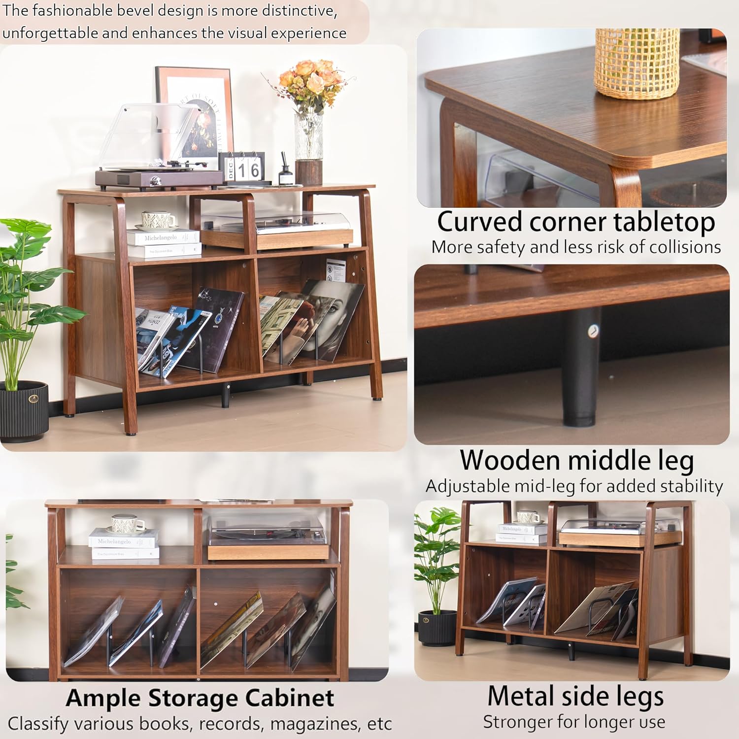 Mxtxmy Large Record Player Stand,Mid Century Turntable Stand Table with Open Storage Holds up to 300 Albums,Vinyl Record Storage Display Shelf for Living Room Bedroom (Walnut)