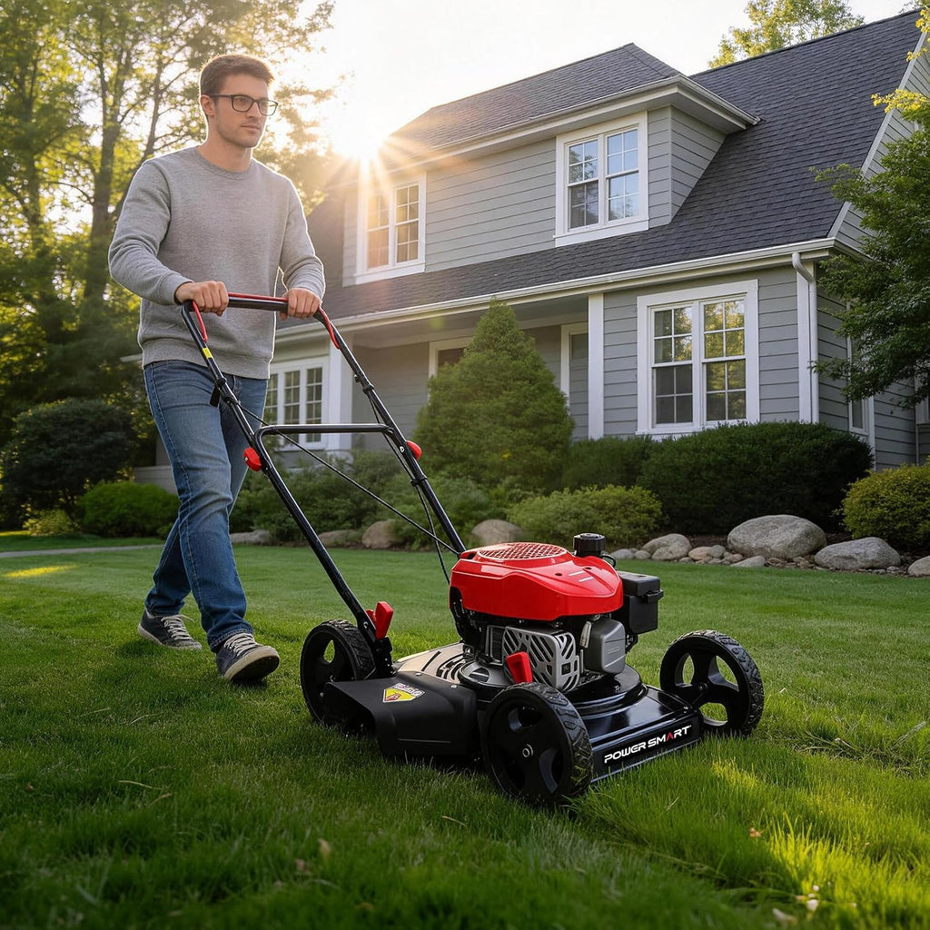 PowerSmart EasyCut 18-Inch Gas Lawn Mower, 144cc OHV Engine, Durable Steel Deck, Walk-Behind Push Mower with Side Discharge, 5-Position Height Adjustment, Lightweight Design for Small Yard