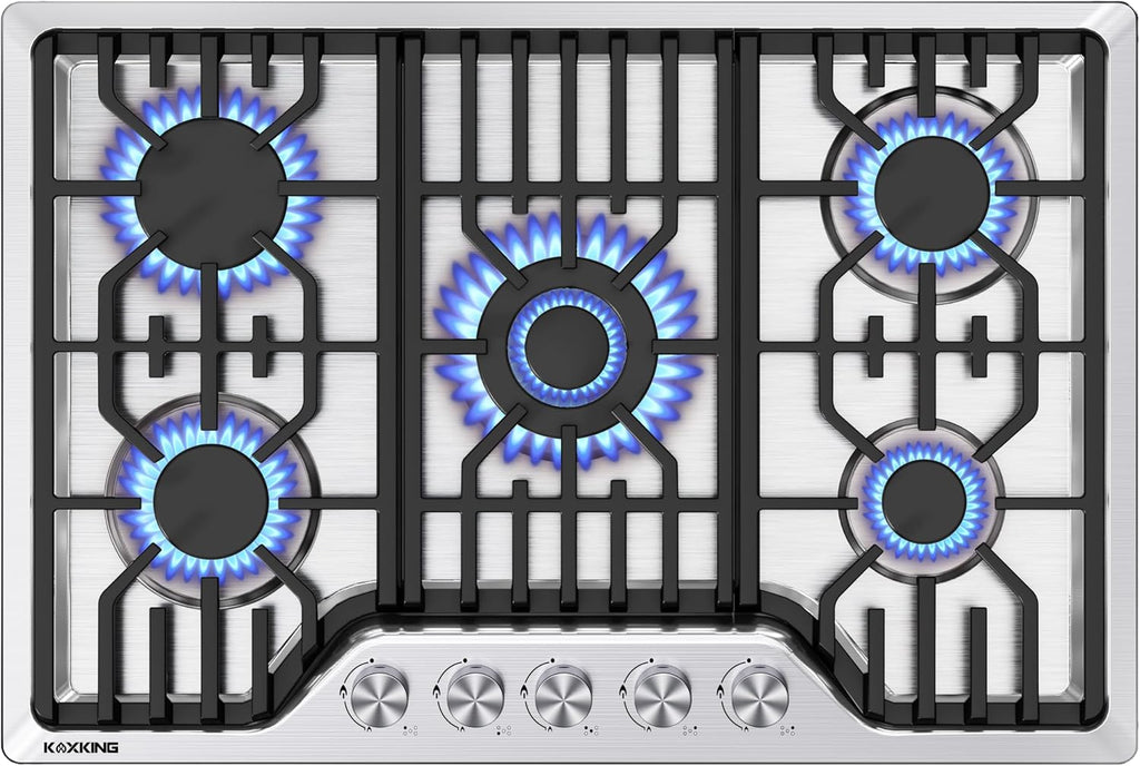 30 Inch Gas Cooktop, 5 Burner Dual Fuel Built-in Stove Top, Stainless Steel Propane/Natural Gas Cooktop with Thermocouple Protection, NG/LPG Convertible for Safe & Efficient Cooking