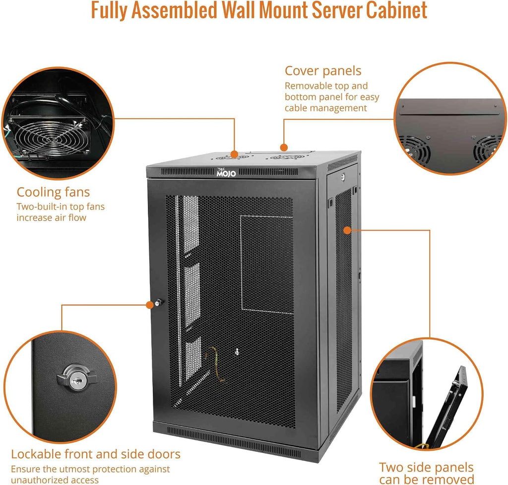 Tecmojo 18U Wall Mount Rack,18U Rack 23.6 Inch Depth,Hold Up to 176 Lbs,Enclosed Wall Mount Rack Kit for 19 Inch Network,Server and AV Gear,Mesh Door(Elite Collection)
