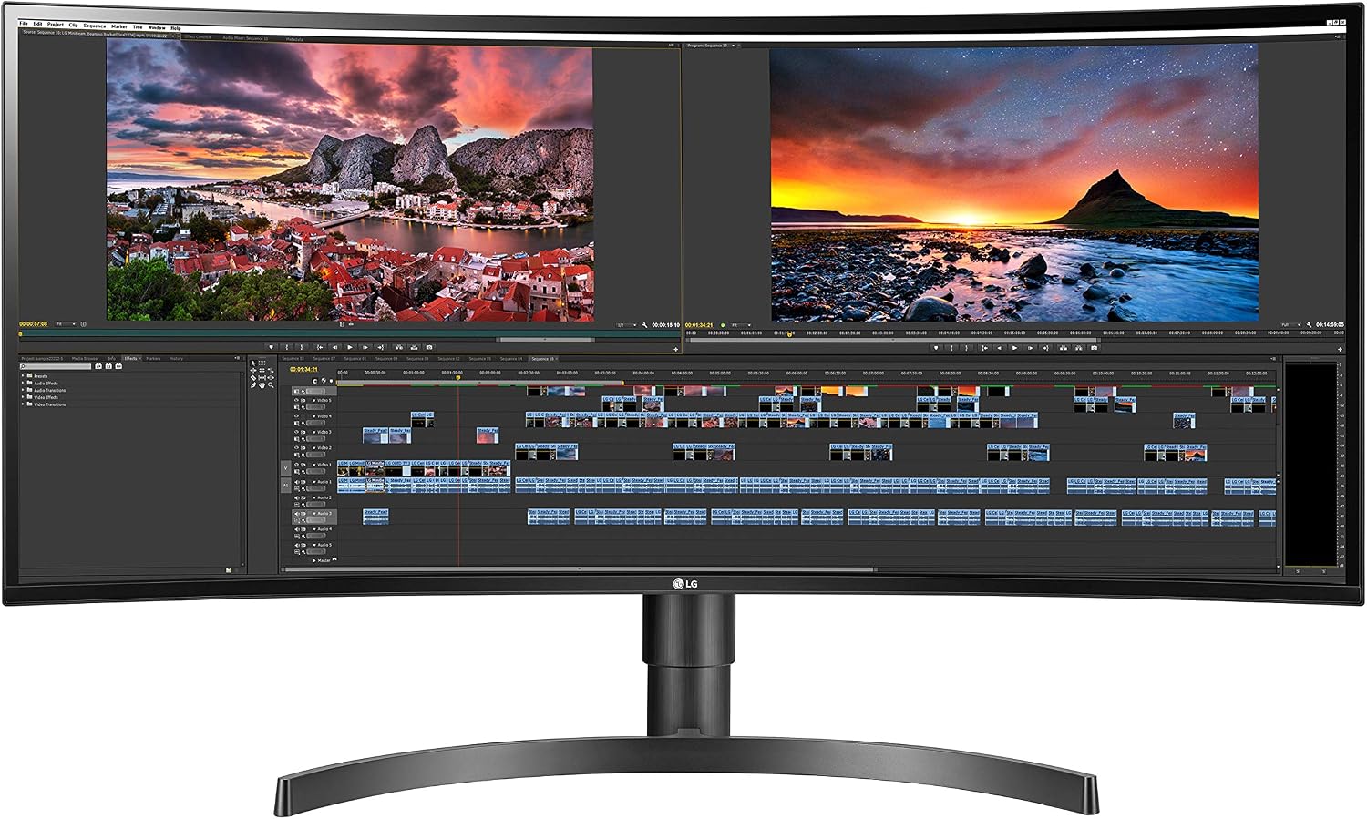 LG 34WN80C-B UltraWide Monitor 34' 21:9 Curved WQHD (3440 x 1440) IPS Display, USB Type-C (60W PD), sRGB 99% Color Gamut, 3-Side Virtually Borderless Design, Tilt/Height Adjustable Stand - Black