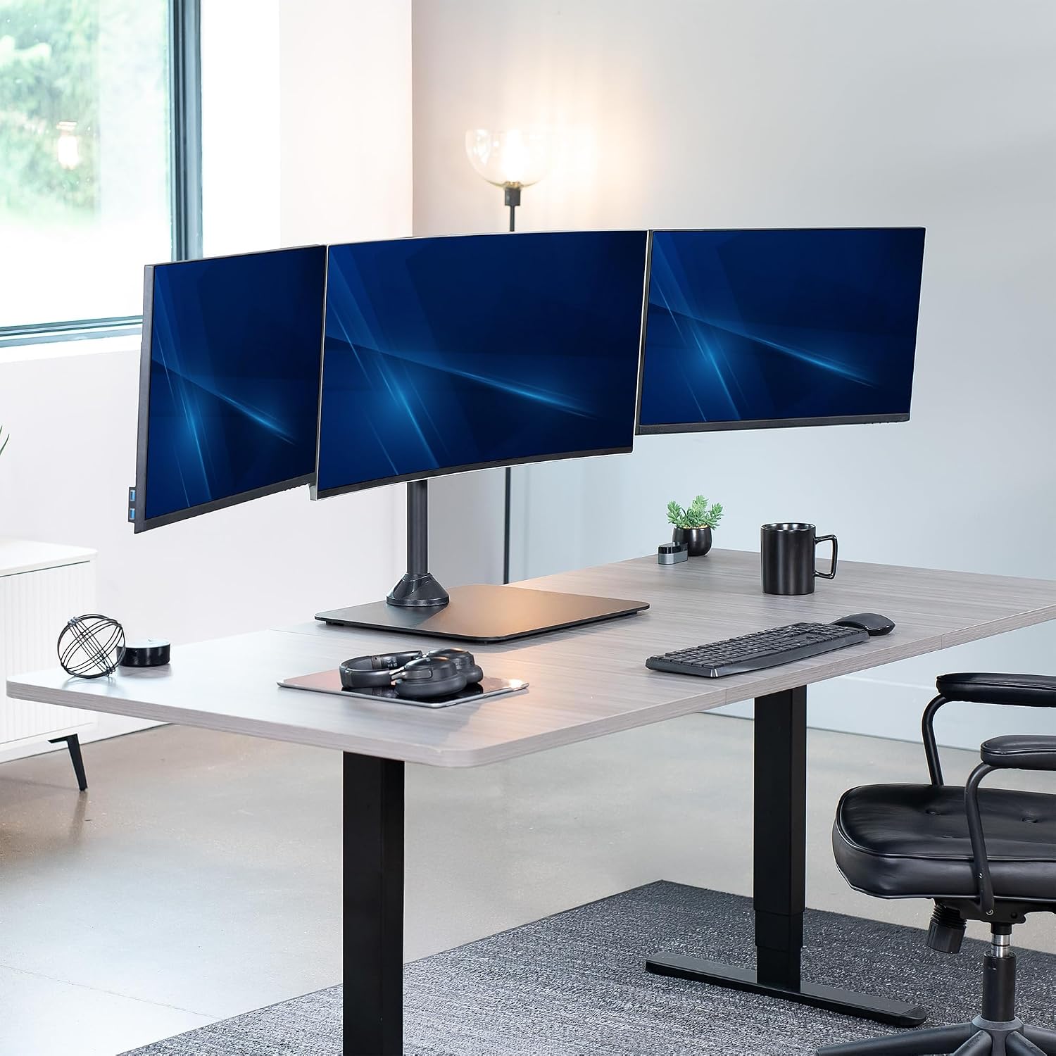 VIVO Premium Freestanding Triple Monitor Desk Mount for 3 Screens up to 22 lbs, Fits up to 38 inch Ultrawides on Center Bracket, Adjustable Telescoping Arms, Flush Wall Setup, Black, STAND-TS03F