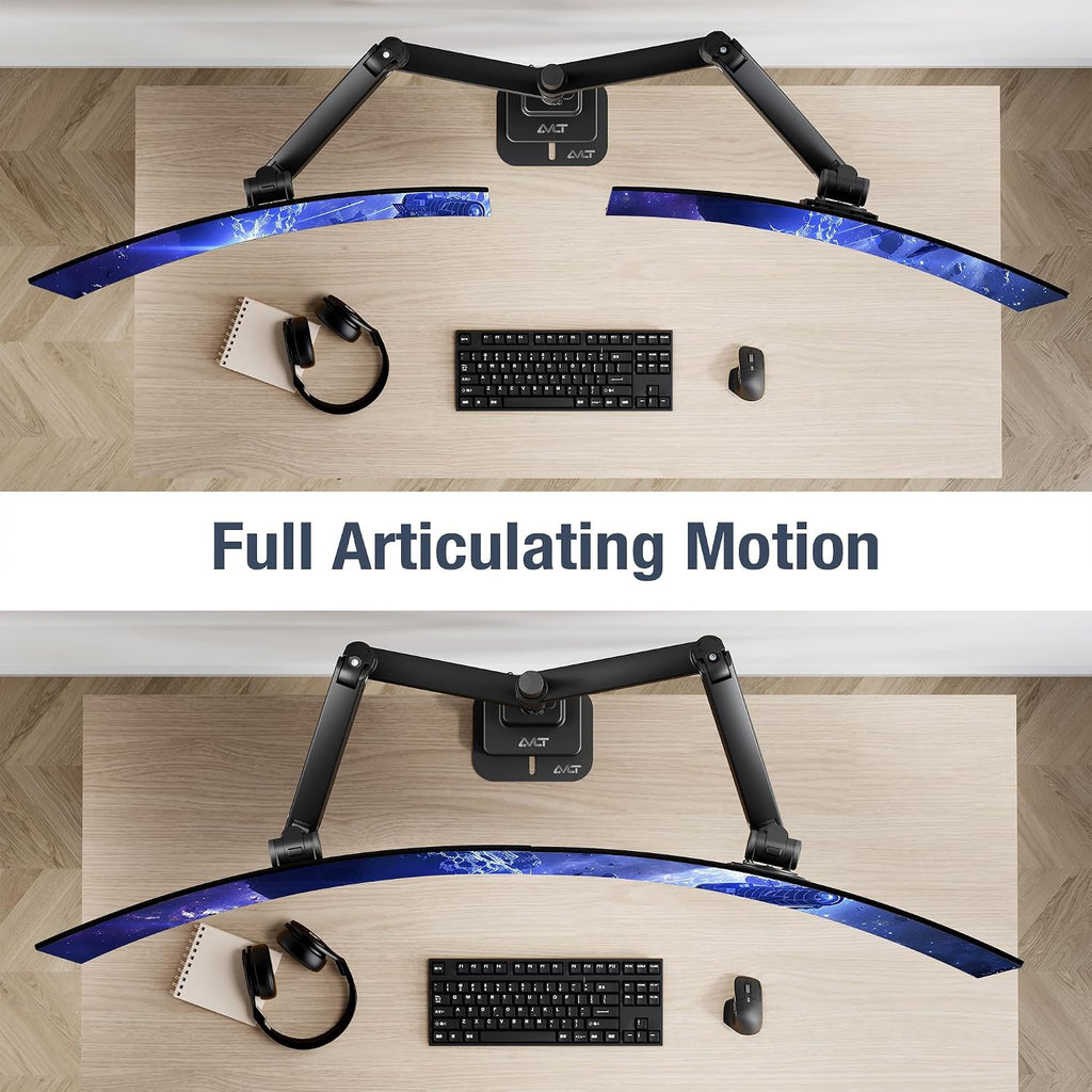 AVLT Dual 57 Inch Heavy Duty Stacking Monitor Arm Pole Top Mount with USB-C&A Ports-Black, Height Adjustable, Easy Install Top C-Clamp/Grommet w/Reinforcement Plates, VESA Compatible 200/100/75