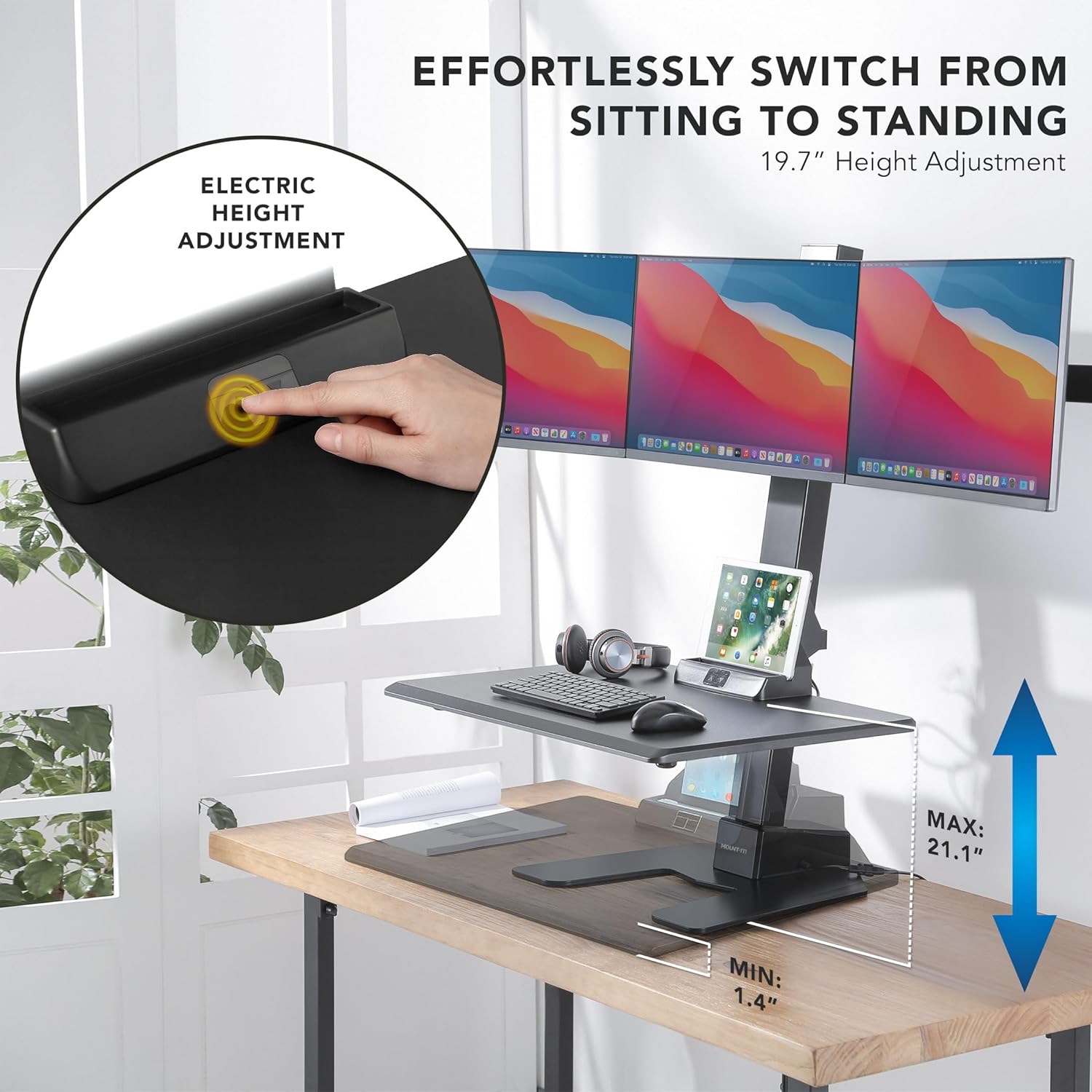 Mount-It! Triple Monitor Electric Standing Desk Converter - 3 Screens Stand Up Desk Riser - Height Adjustable Desktop & 3 Mounts for Screens up to 32', Sit-Stand Convertor for Home, Office, School