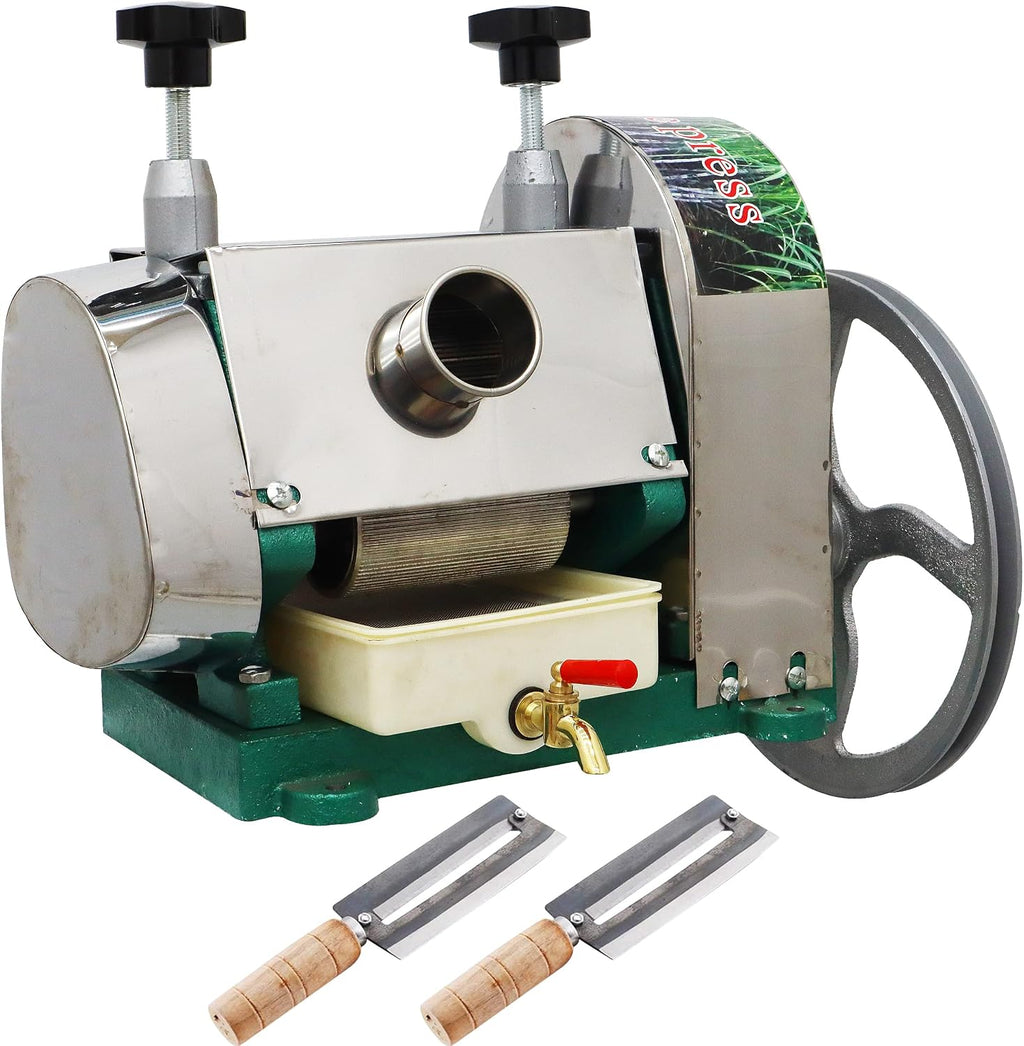 TECHTONGDA Manual Sugar Cane Juice Machine, Stainless Steel Sugarcane Press Juicer, Commercial Ginger Press Extractor with Handwheel & 2 Peeling Knives for Homes Shops