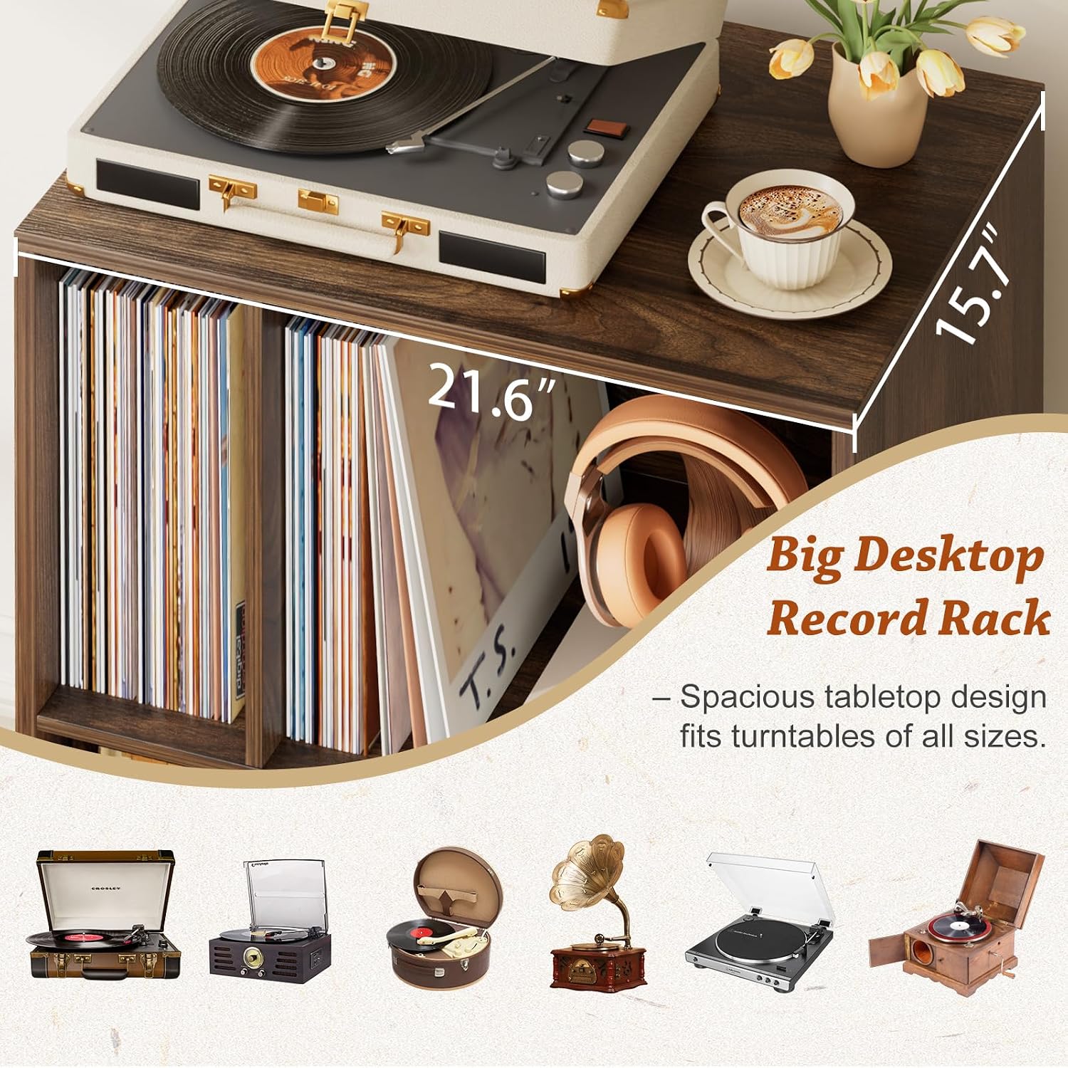 Bikoney Mid-century Modern Record Player Stand with Vinyl Storage Drawer – Wooden Turntable Side Table for All Record Players and Speakers, Large LP Storage Cabinet for Living Room, Bedroom, or Office