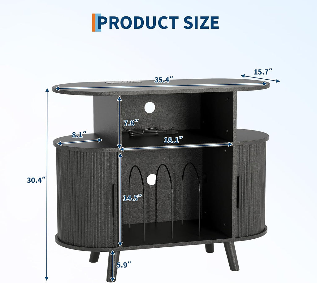 Garvee 35'' Fluted Mid Century Modern Turntable Cabinet, Large Round Record Player Stand with Charging Station and Display Shelf, Arched Wood Record Player Table for Living Room