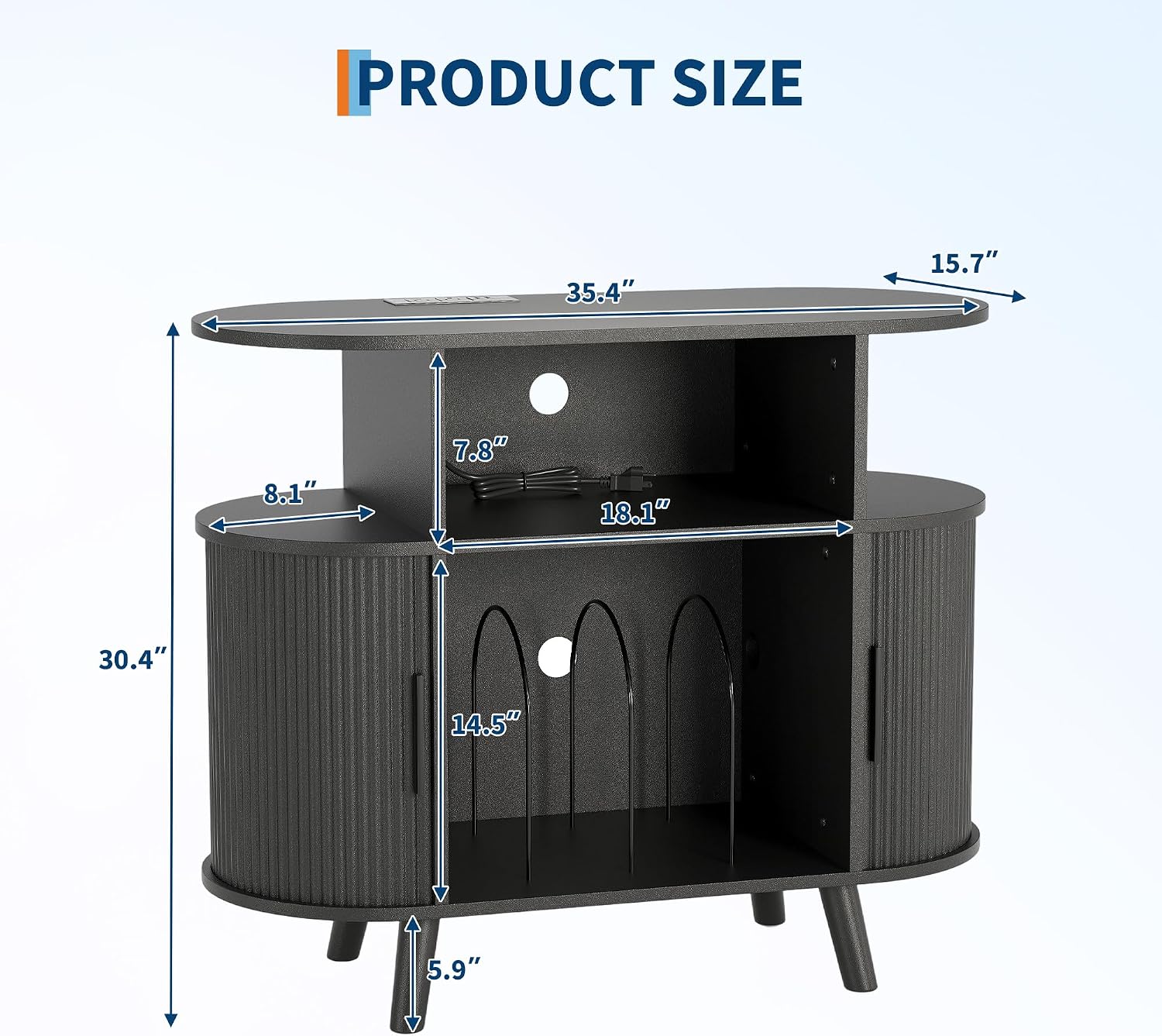 Garvee 35'' Fluted Mid Century Modern Turntable Cabinet, Large Round Record Player Stand with Charging Station and Display Shelf, Arched Wood Record Player Table for Living Room