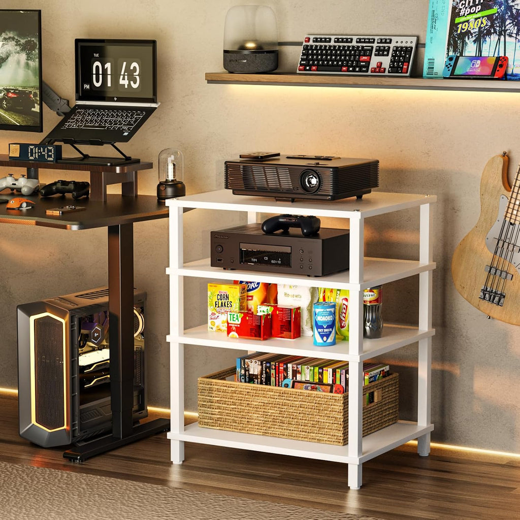 LELELINKY 4-Tier AV Media Player Stand Set of 2, White Stereo Cabinet, Wooden TV Stand,Game Console Shelf, Multifunctional Entertainment Center, Suitable for Home, Conference Room, Game Studio