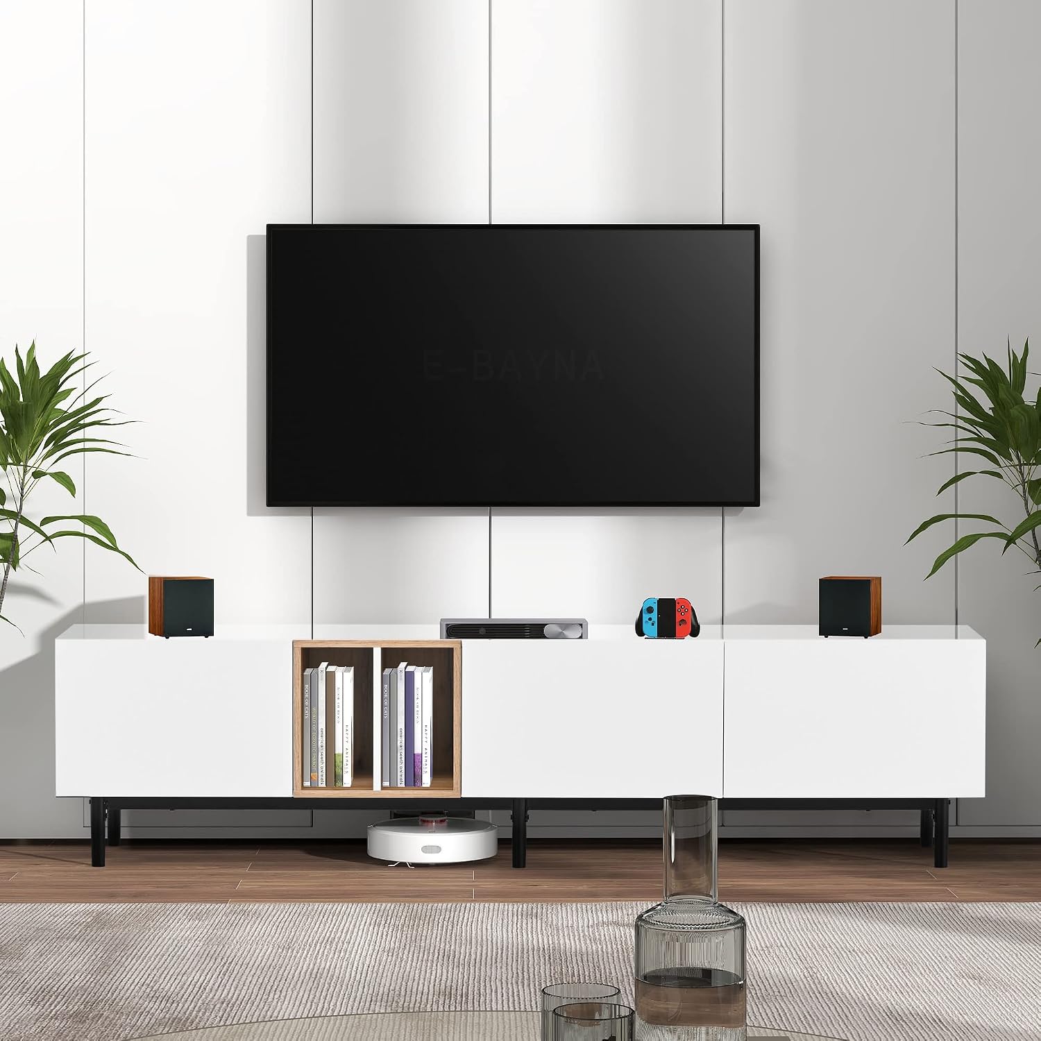 LUMISOL Modern TV Console Table for 80' TV, TV Stand with 3 Cabinets and Open Shelves, Wood Entertainment Center TV Media Table with Ample Storage for Living Room, Bedroom, White