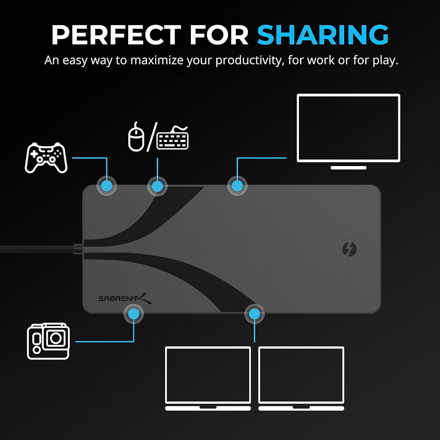 SABRENT Thunderbolt 4 KVM Switch, Peripheral Sharing with 3X Thunderbolt 4 USB C 40Gbps, 2X USB-C Charging 60W (PD 3.0) | 4X USB Type A 3.2x2 10Gbps | Supports 4K@144Hz / 8K@60Hz DSC (SB-TB4K)