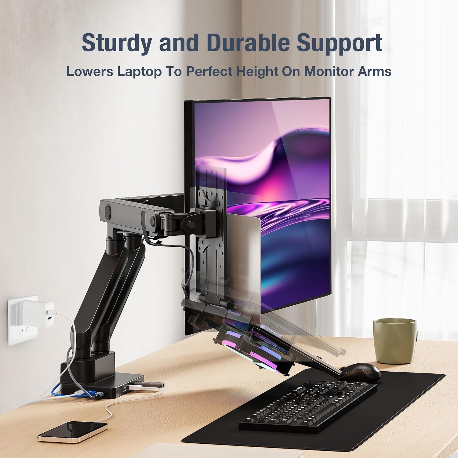 AVLT Dual 17'-38' Monitor Arm Desk Mount with 17' Laptop Tray and USB-C Docking Station, HDMI 4K60Hz, USB-A 5Gbps, Ethernet, 100W PD, Fits Two Flat/Curved - Black