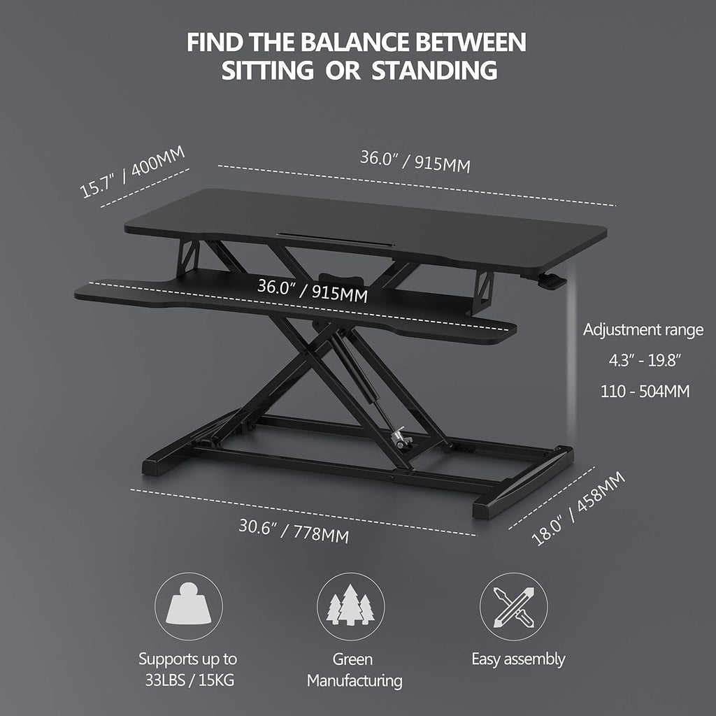 FITUEYES Height Adjustable Standing Desk 36' Wide Sit to Stand Converter Stand Up Desk Tabletop Workstation for Laptops Dual Monitor Riser Black SD309101WB