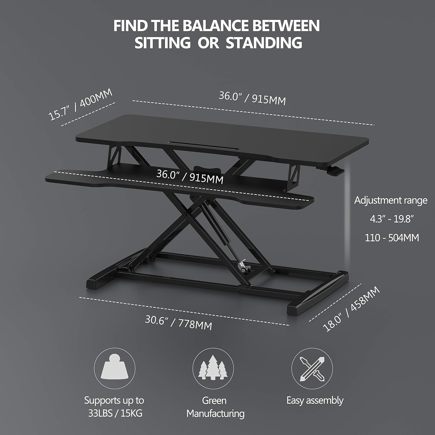 FITUEYES Height Adjustable Standing Desk 36' Wide Sit to Stand Converter Stand Up Desk Tabletop Workstation for Laptops Dual Monitor Riser Black SD309101WB