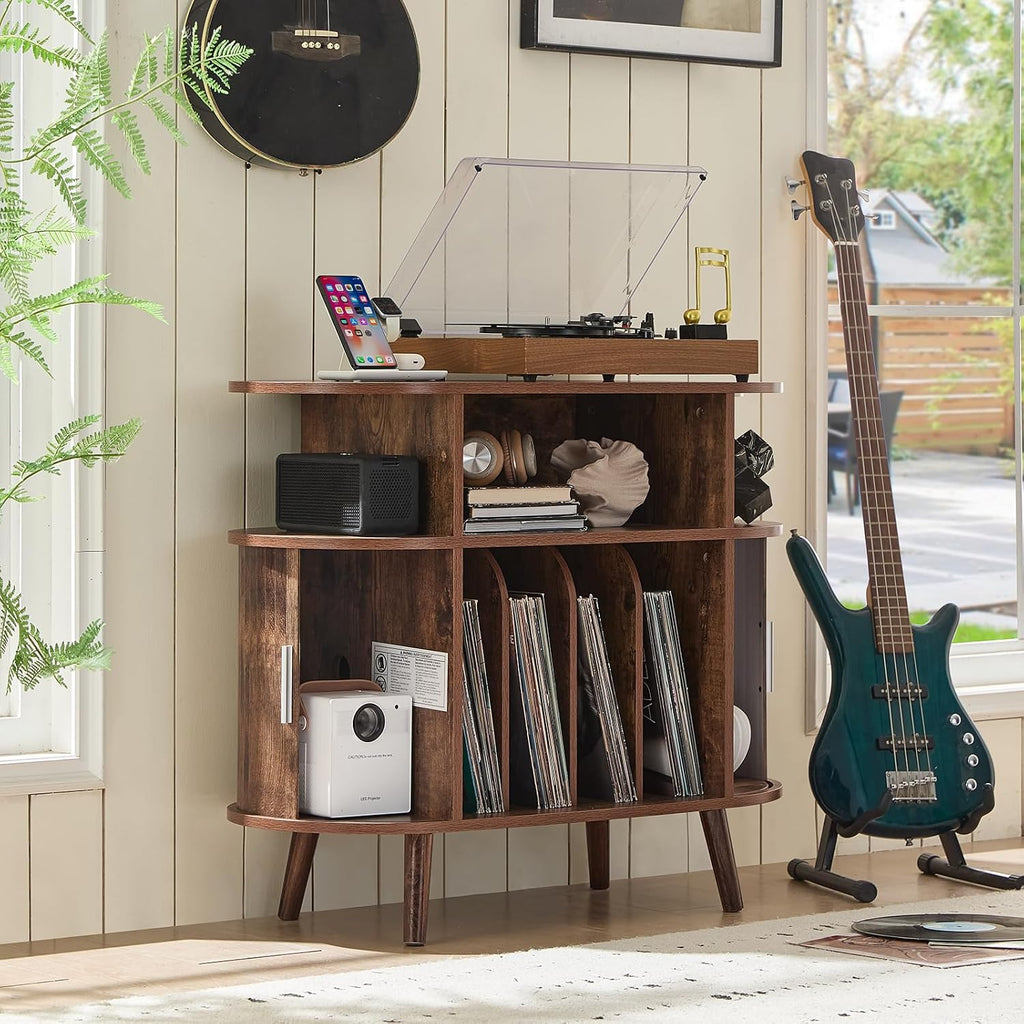 LELELINKY Small Round Record Player Stand with Charging Station & Fluted Panel, Brown Mid Century Modern Turntable Cabinet with Vinyl Storage, Arched Wood Record Player Table for Living Room
