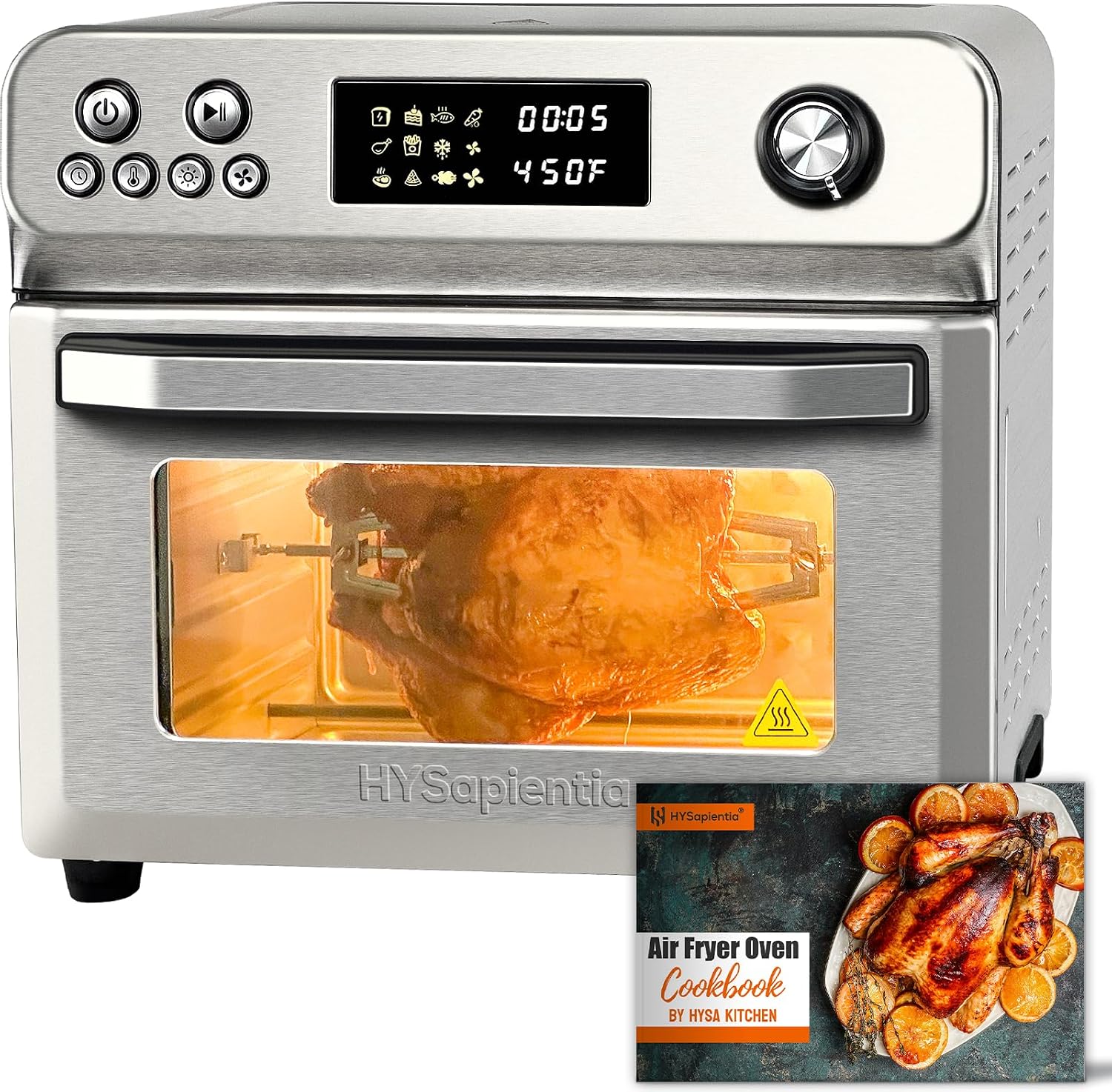 HYSapientia® 26QT Stainless Steel Air Fryer Oven, Large Capacity 10-in-1 with Rotisserie, Full Accessory Set, 1800W