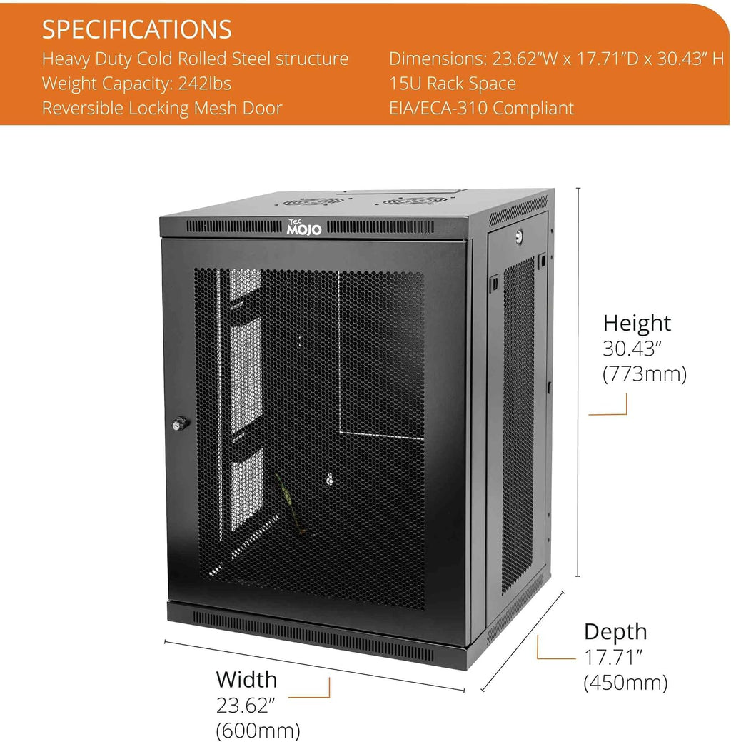 Tecmojo 15U Wall Mount Rack,15U Rack 17.7 Inch Depth,Hold Up to 176 Lbs,Enclosed Wall Mount Rack Kit for 19 Inch Network,Server and AV Gear,Mesh Door(Elite Collection)