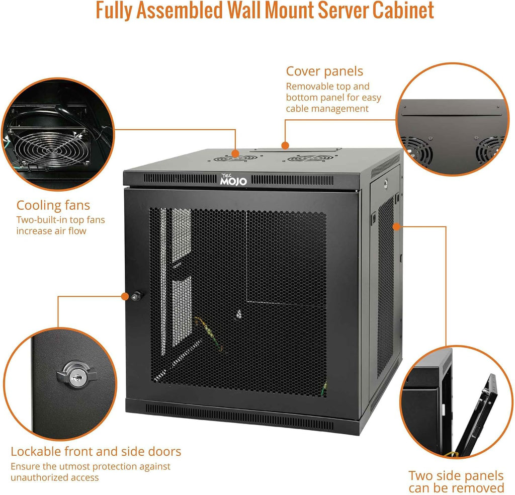Tecmojo 12U Wall Mount Rack,12U Rack 17.7 Inch Depth,Hold Up to 176 Lbs,Enclosed Wall Mount Rack Kit for 19 Inch Network,Server and AV Gear,Mesh Door(Elite Collection)