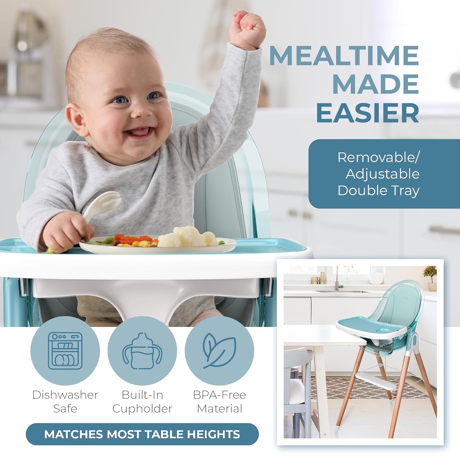 6 in 1 Deluxe Wooden High Chair for Babies & Toddlers, Modern Safe & Compact Baby Highchair, Easy to Clean & Assemble Removable Tray & Cushion, 6 Options 3 Seat Positions 2 Heights