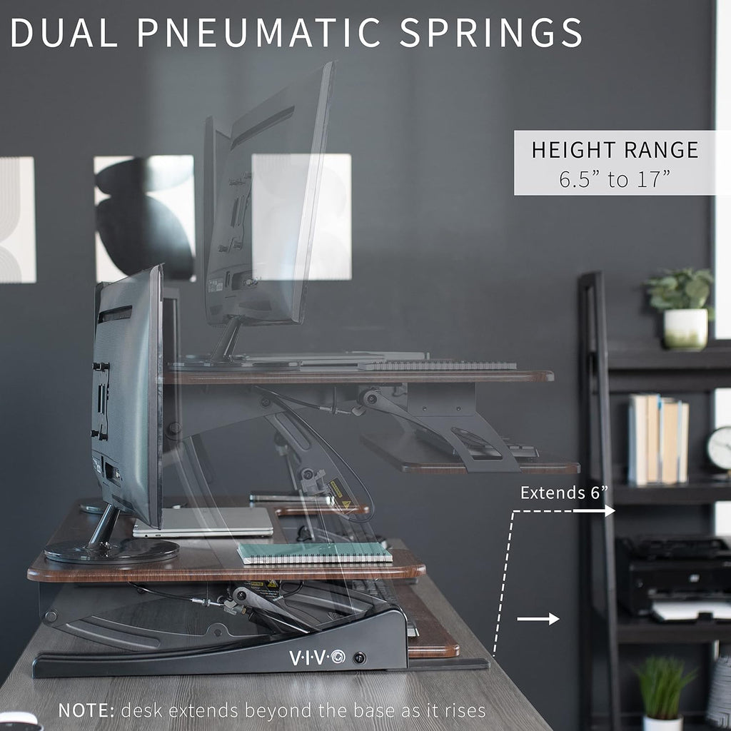 VIVO 36 inch Height Adjustable Stand Up Desk Converter, V Series, Quick Sit to Stand Tabletop Dual Monitor Riser Workstation, Dark Walnut Top, Black Frame, DESK-V000VD