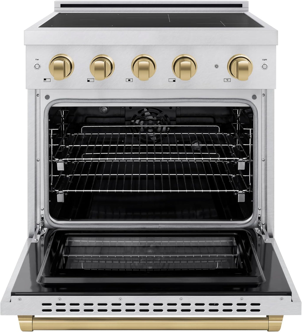 ZLINE Autograph Edition 30 in. 4.2 cu. ft. Paramount Induction Range with 4 Element Cooktop and Electric Convection Oven in Satin Stainless Steel with Champagne Bronze Accents (SINRSZ-30-CB)