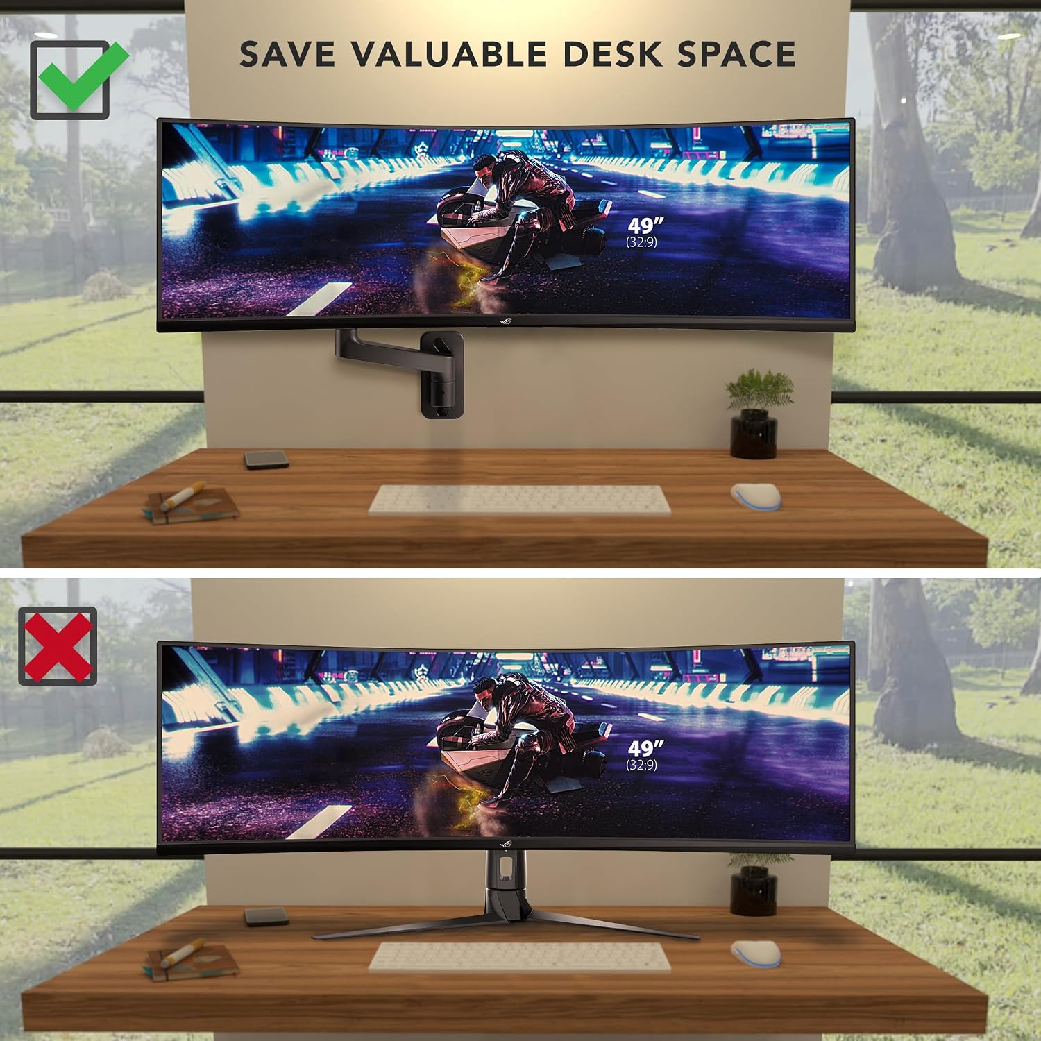Mount‑It! Heavy‑Duty Wall Mount Arm for 49″ Curved & Ultrawide Monitors, Gas‑Spring Full Motion, 23.5″ Reach, 44 lb Capacity, VESA 75/100, Single‑Stud Install
