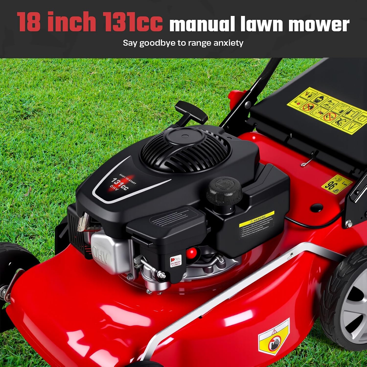 18-Inch 3-in-1 Gas Lawn Mower | Self-Propelled Push Mower with 131cc Engine & 50L Bag for Residential Yards (Red)