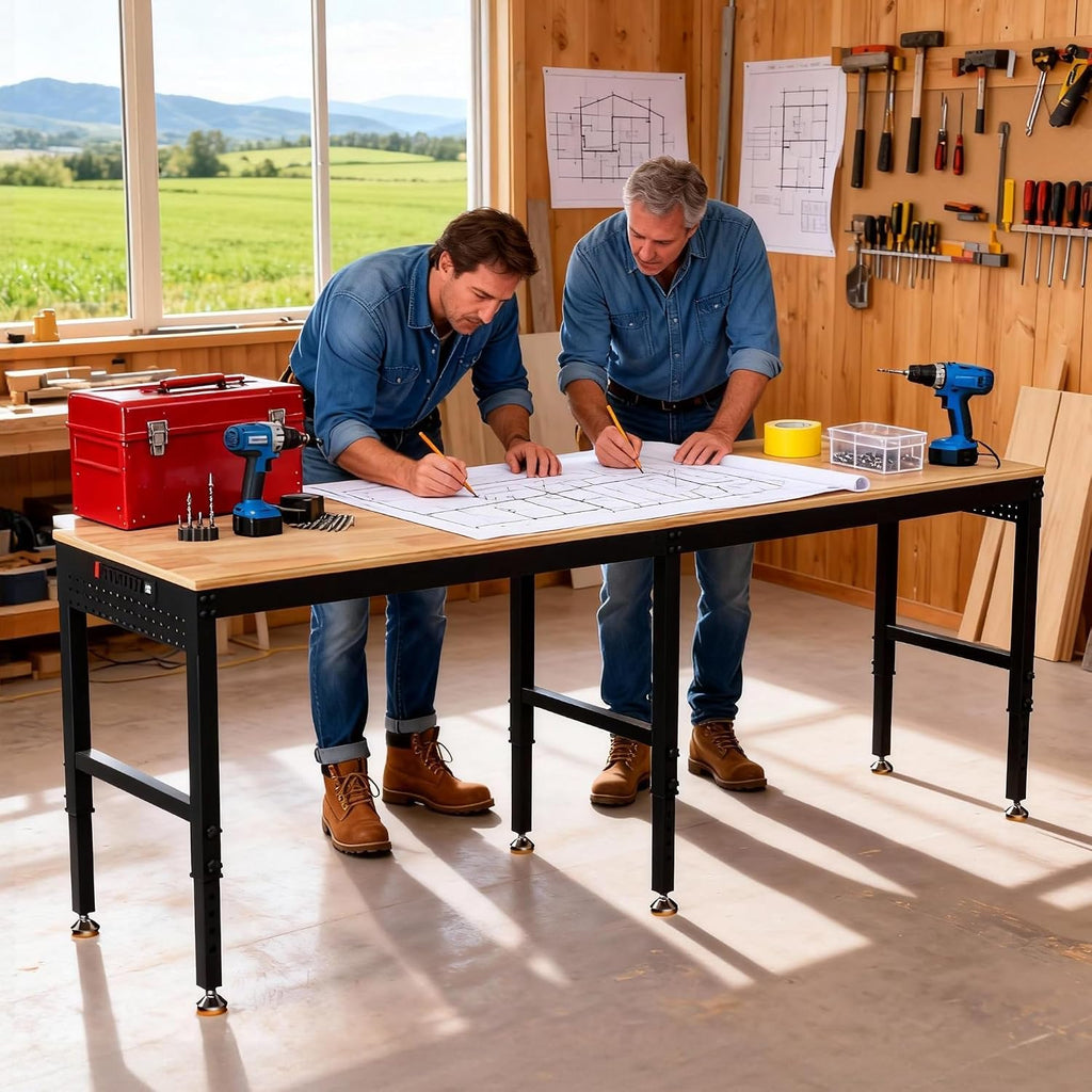 Betterhood 96' Adjustable Workbench, 5000 LBS Heavy Duty Work Table with Power Outlets & Pegboard, Rubber Wood Workstation for Garage, Workshop, Office, Home, Commercial
