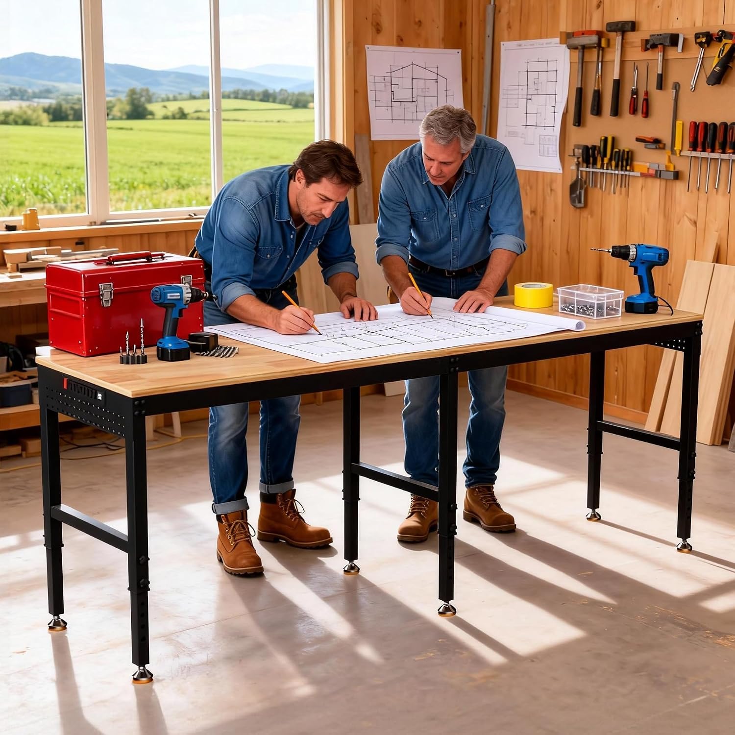 Betterhood 96' Adjustable Workbench, 5000 LBS Heavy Duty Work Table with Power Outlets & Pegboard, Rubber Wood Workstation for Garage, Workshop, Office, Home, Commercial