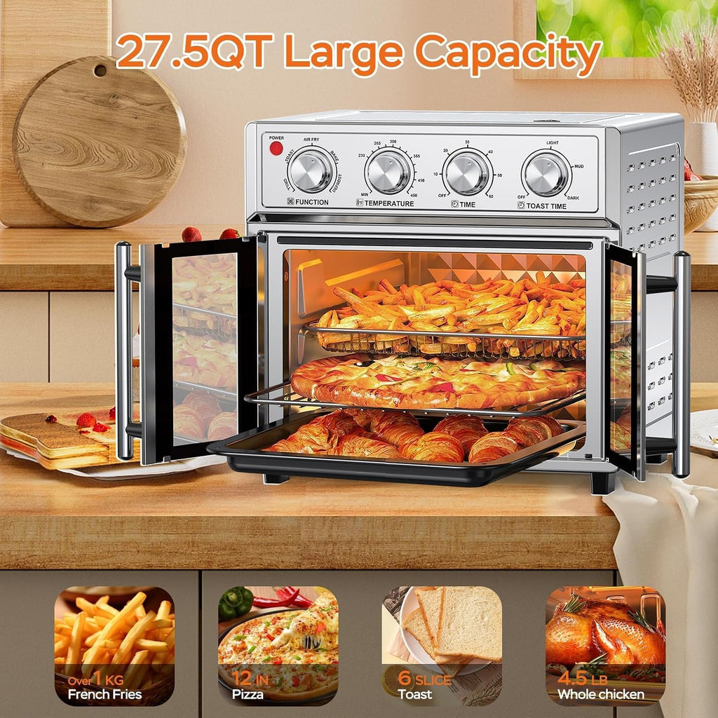 PlumChef 27.5 Quart Extra Large 6 Slices Air Fryer Convection Toaster Oven, French Door, 1700W, Multifunction Oven for Air Fryer, Toast, Grill, Defrost, Bake (Stainless Steel)