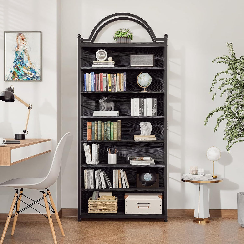 78.7' 8-Tier Industrial CD Rack,DVD Media Storage Shelf,Metal Frame&MDF Bookshelves with Arched Top for Living Room, Bedroom or Home Office,Black