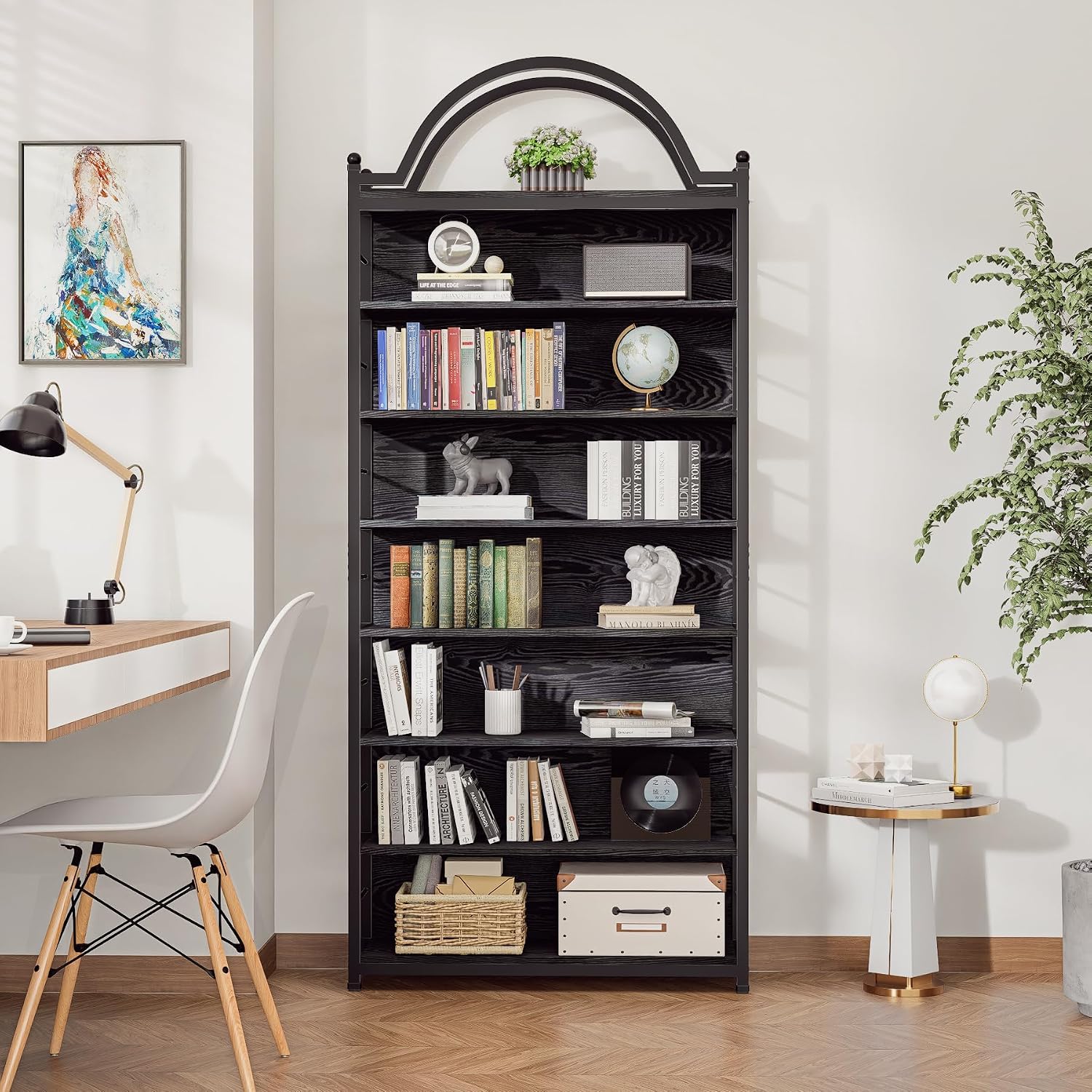 78.7' 8-Tier Industrial CD Rack,DVD Media Storage Shelf,Metal Frame&MDF Bookshelves with Arched Top for Living Room, Bedroom or Home Office,Black