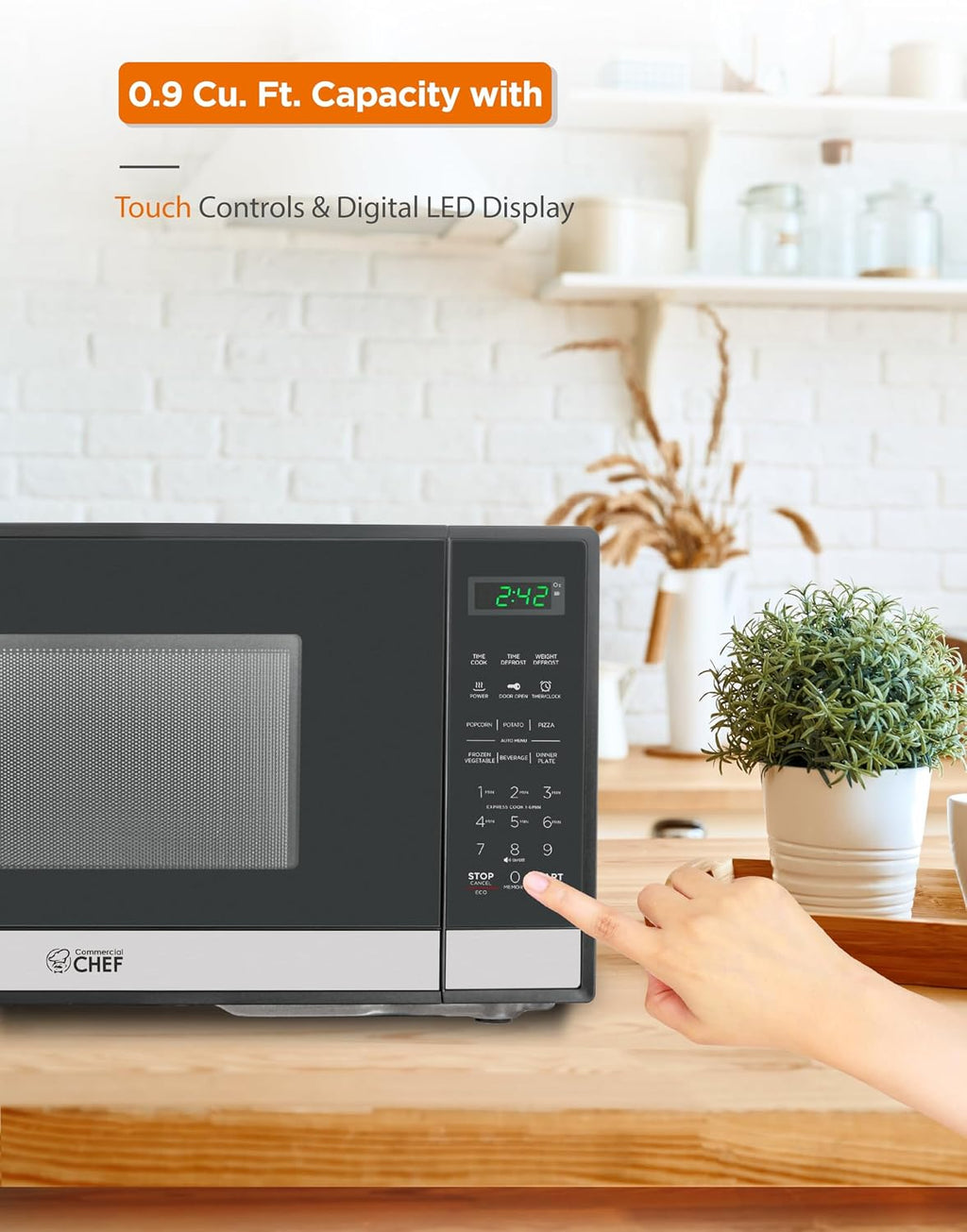 Commercial CHEF Small Microwave 0.9 Cu. Ft. Countertop Microwave with Touch Controls & Digital Display, Stainless Steel Microwave & 10 Power Levels, Outstanding Portable Microwave with Pull Handle